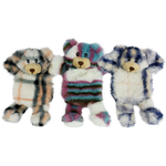 Three plush animal toys shaped like bears, standing side by side against a plain white background. The left bear has a gray, black, and tan plaid pattern with a beige snout.