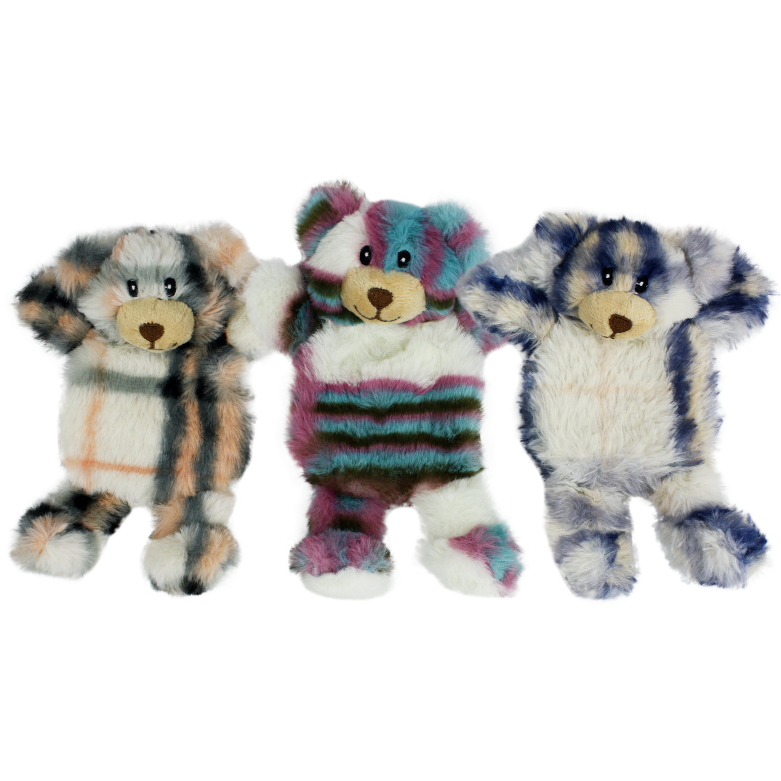 Three plush animal toys shaped like bears, standing side by side against a plain white background. The left bear has a gray, black, and tan plaid pattern with a beige snout.