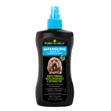 A bottle of FURminator deTangling Leave-In Conditioner for dogs, featuring a black bottle with a bright blue spray cap and a label showing a golden-colored dog.