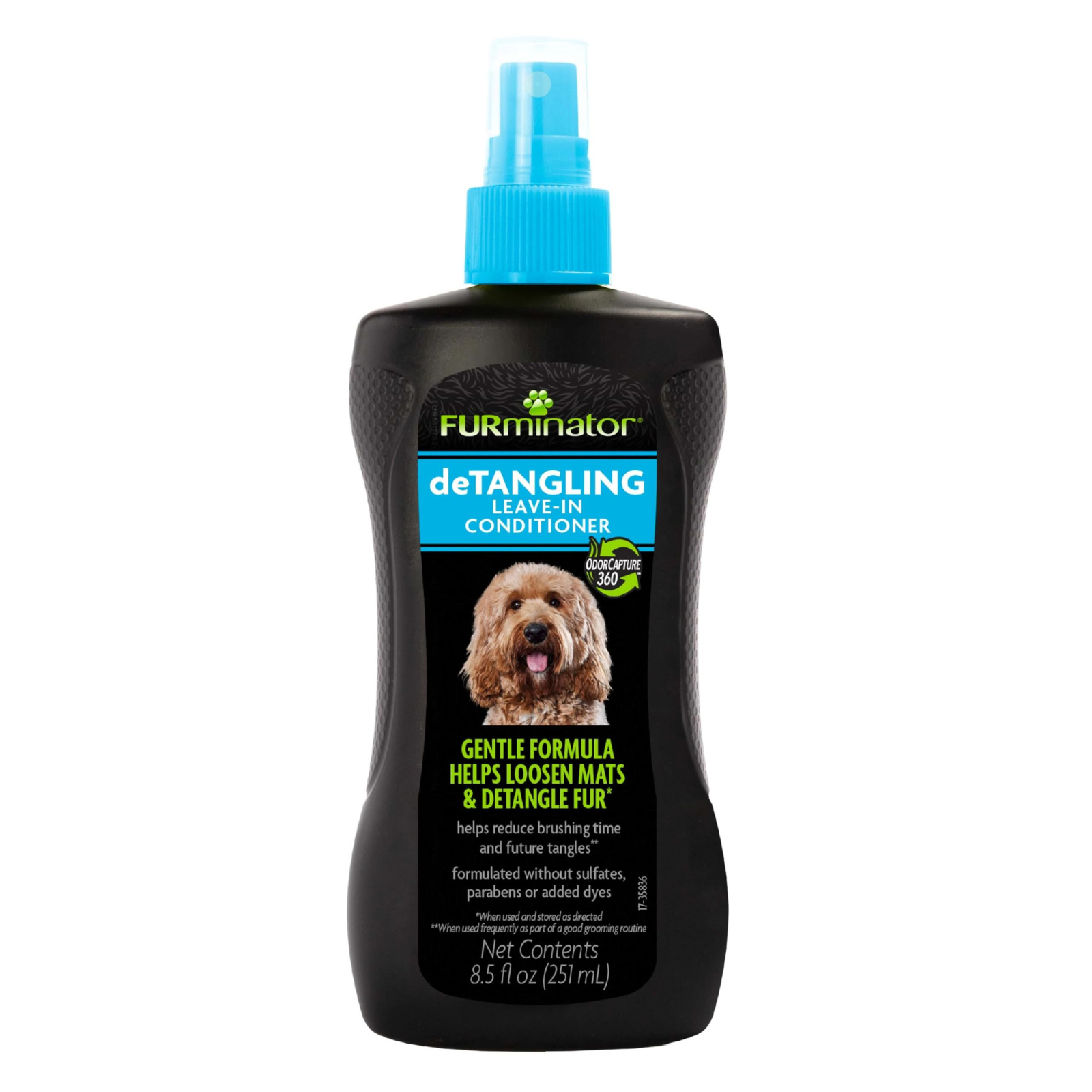 A bottle of FURminator deTangling Leave-In Conditioner for dogs, featuring a black bottle with a bright blue spray cap and a label showing a golden-colored dog.