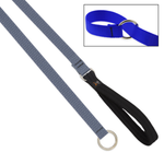 Gray dog leash with black handle and blue dog collar on a white background
