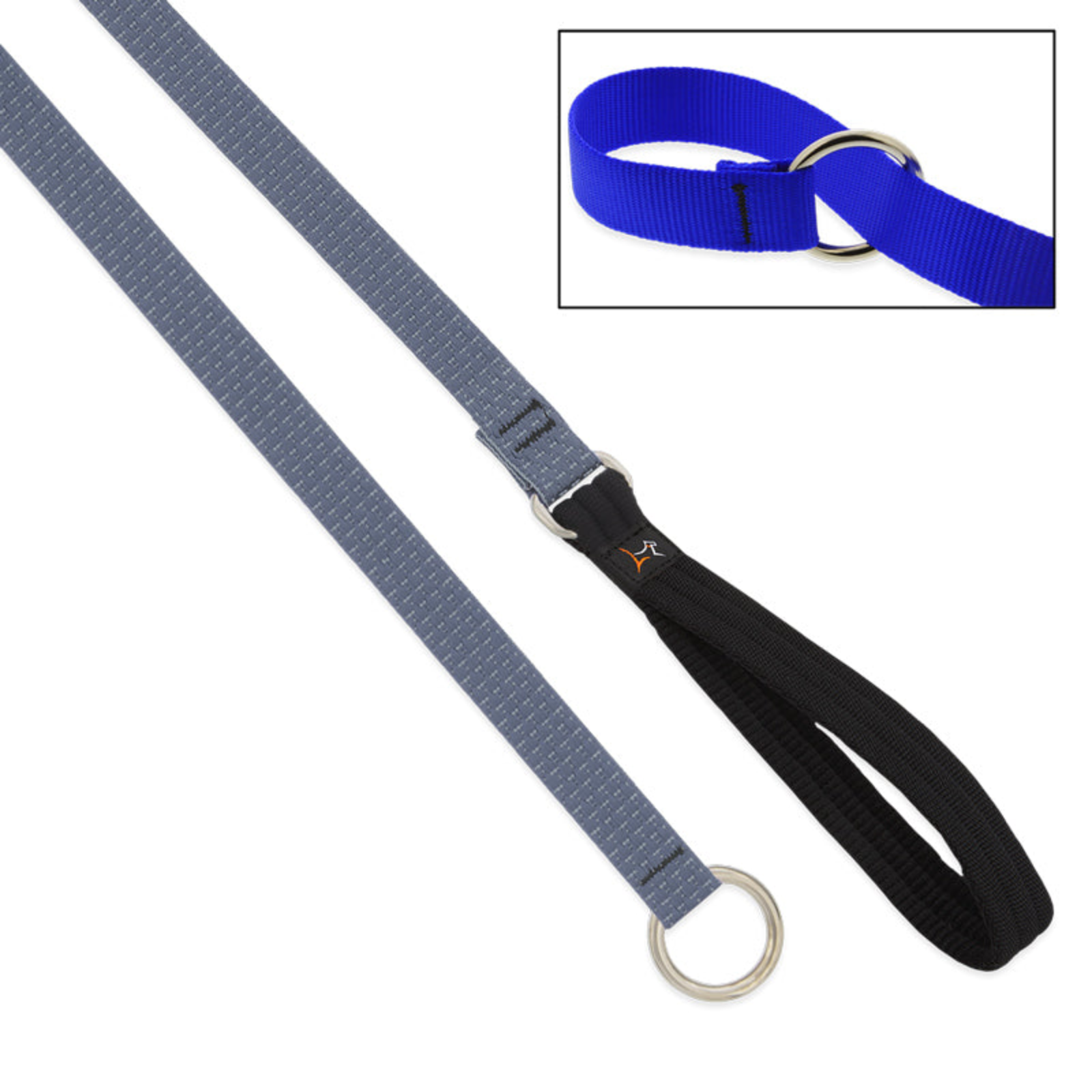 Gray dog leash with black handle and blue dog collar on a white background