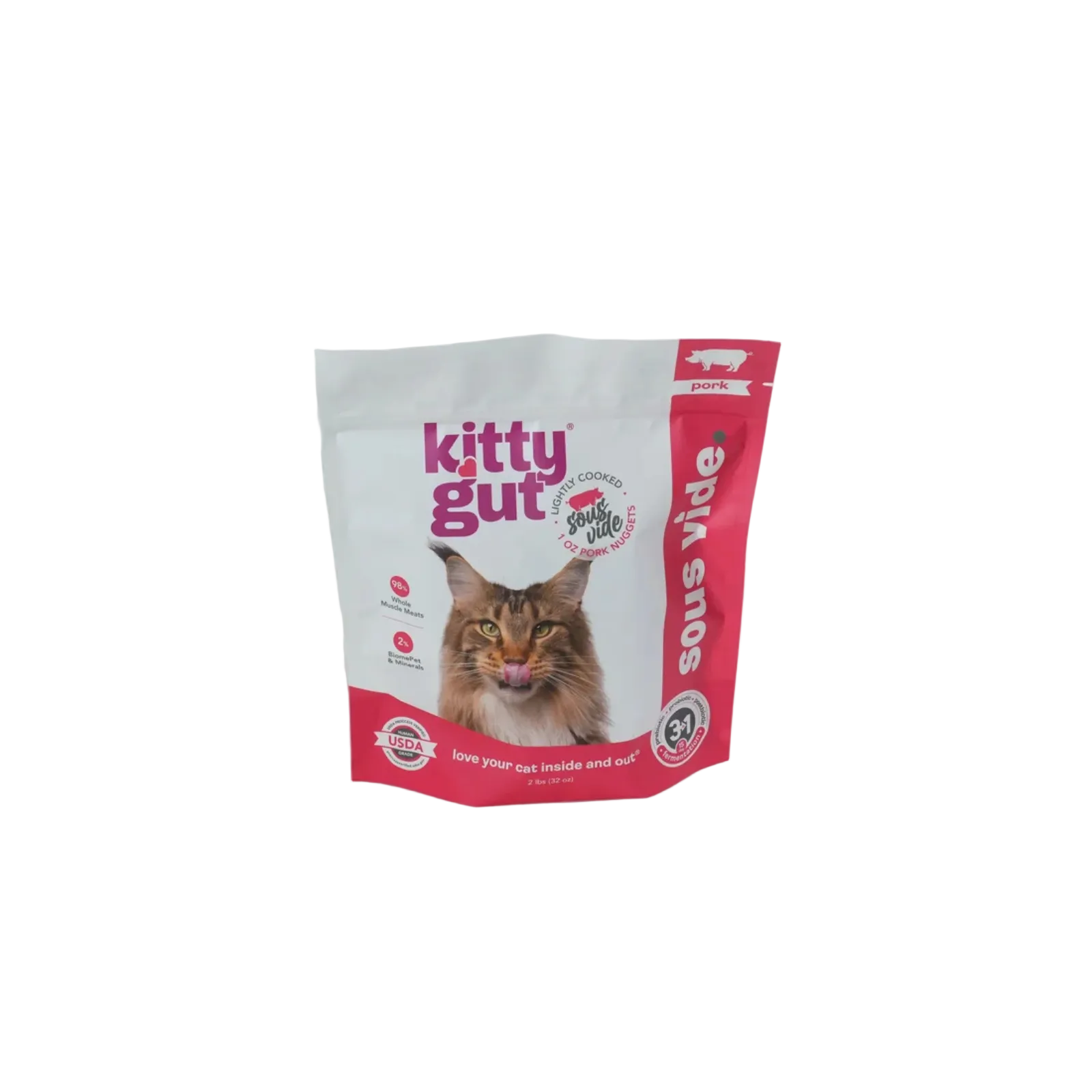 A stand-up pouch of Kitty Gut Sous Vide cat food, featuring a white and pink design with a photo of a brown tabby cat on the front, set against a plain white background.