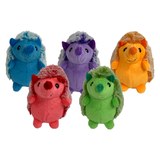 Five plush hedgehog toys in different colors, including blue, purple, orange, pink, and green, arranged on a plain white background.