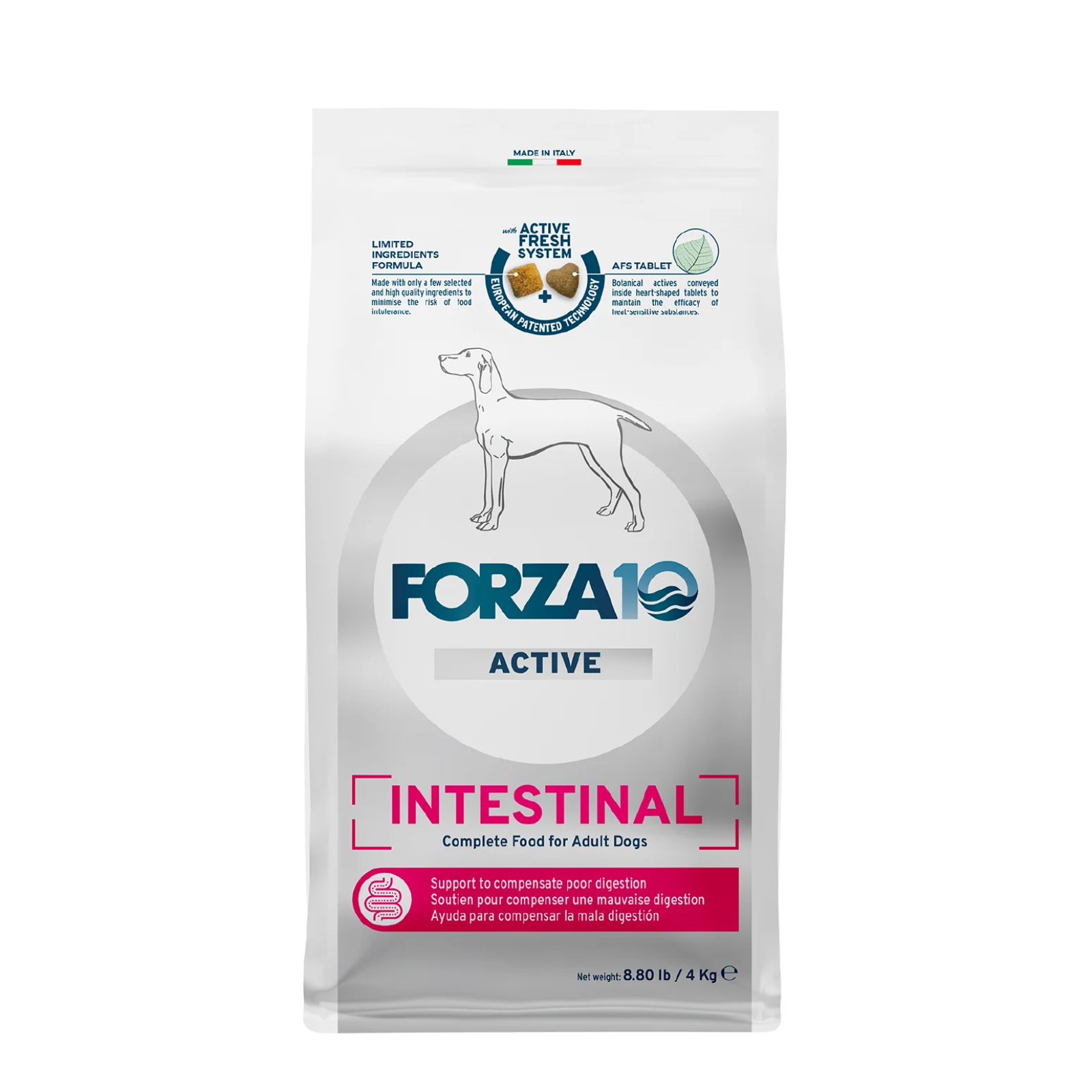 Forza10 Active Intestinal dog food packaging on a white background
