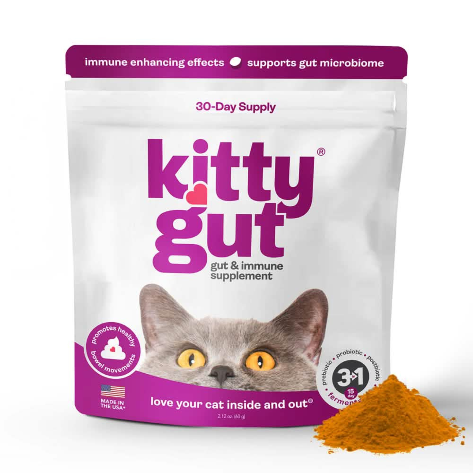 Kitty Gut cat supplement package with a cat's face on the label and a pile of orange powder.