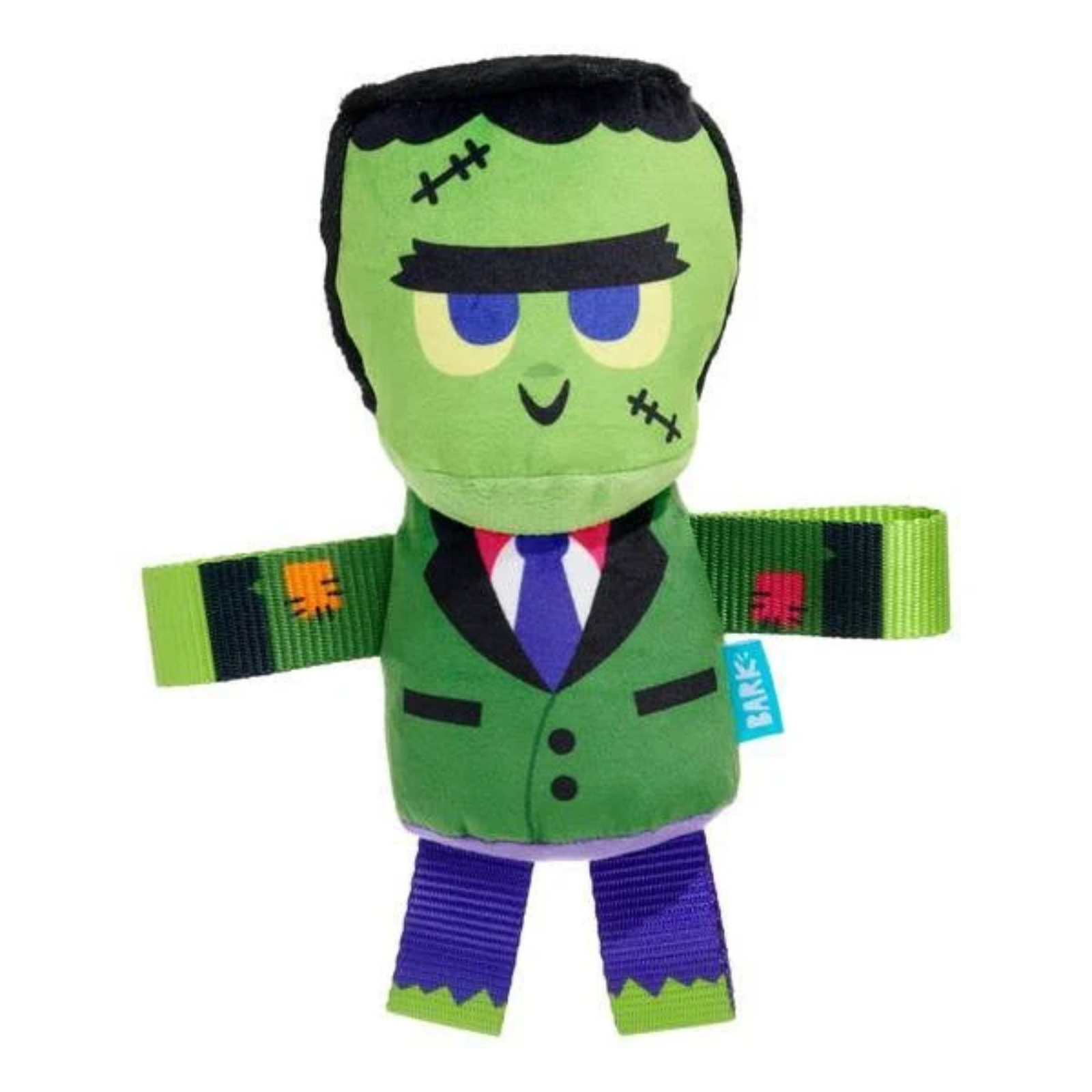 A plush toy dog dressed as Frankenstein's monster, featuring a green face and suit, purple pants, and black hair, shown on a plain white background.