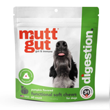 A stand-up pouch of mutt gut digestion functional soft chews for dogs, pumpkin flavored, 60 count. The packaging is white and green with a photo of a black and white dog on the front, and a vertical green 'digestion' brand strip on the right side.
