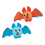 Two plush bat-shaped dog toys on a plain white background, one orange with black wings and one blue with black wings. Both have embroidered cartoon faces and small blue tags reading BARK.
