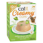 Catit Creamy Cups Chicken Mousse with Kiwi cat treats packaging, showing a box of 4 x 25g pouches with a kiwi slice graphic and a photo of a kitten on the front.