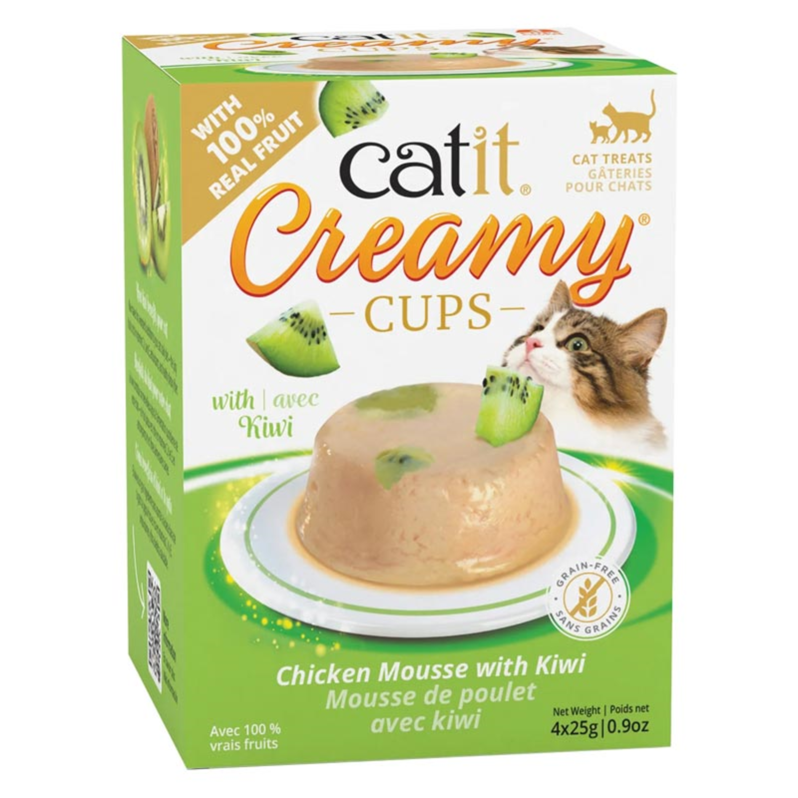 Catit Creamy Cups Chicken Mousse with Kiwi cat treats packaging, showing a box of 4 x 25g pouches with a kiwi slice graphic and a photo of a kitten on the front.