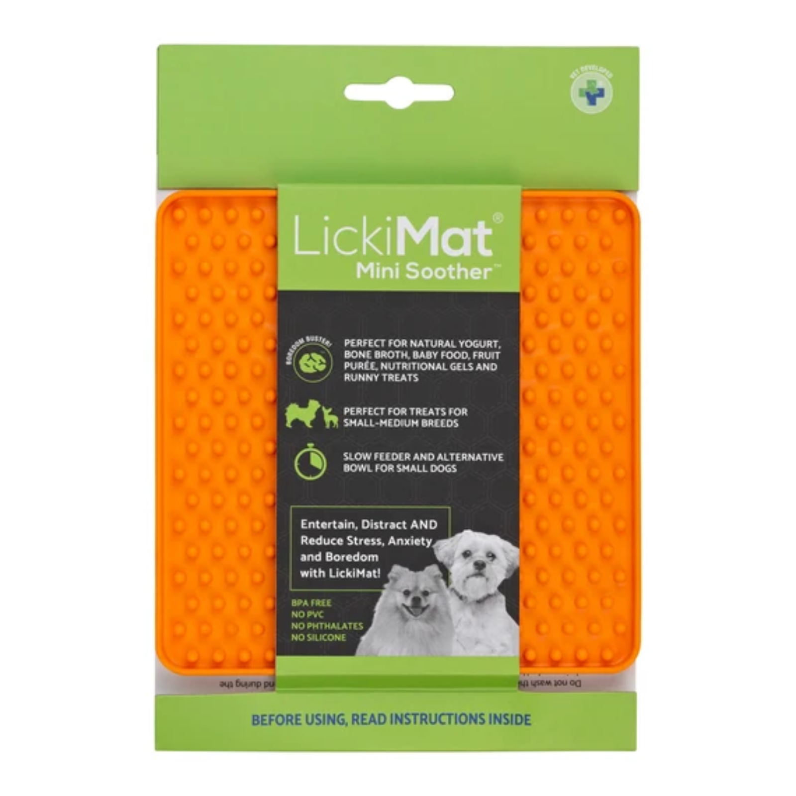 LickiMat Mini Soother dog lick mat in bright orange with a green and black retail packaging card, featuring a small white dog photo on the front.