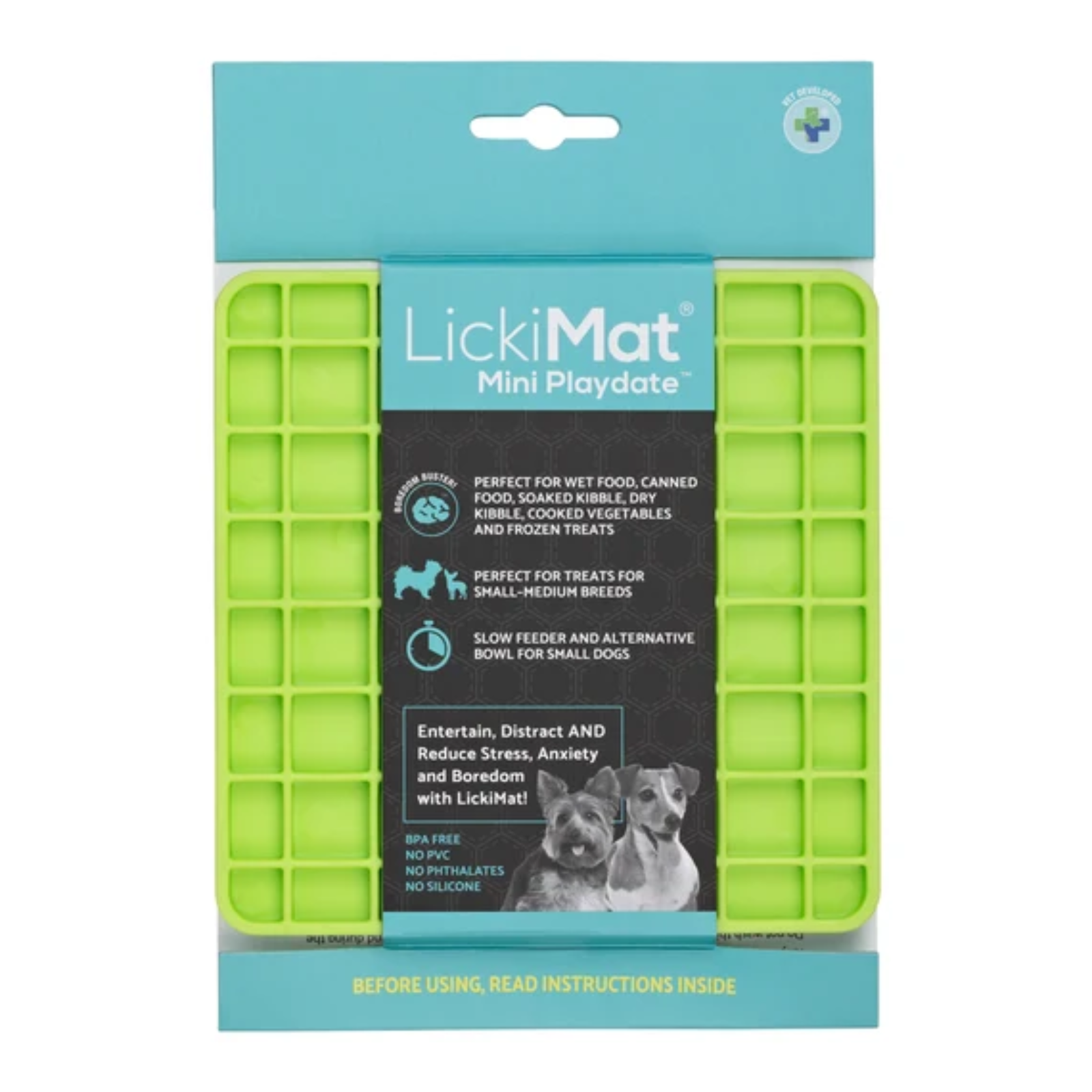 LickiMat Mini Playdate dog lick mat toy in its retail packaging, featuring bright lime green silicone grids on a teal and black cardboard backing with a dog photo.