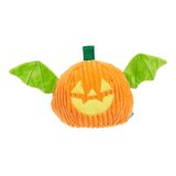 An orange corduroy jack-o'-lantern plush toy with green wings and a green stem, shown against a plain white background.