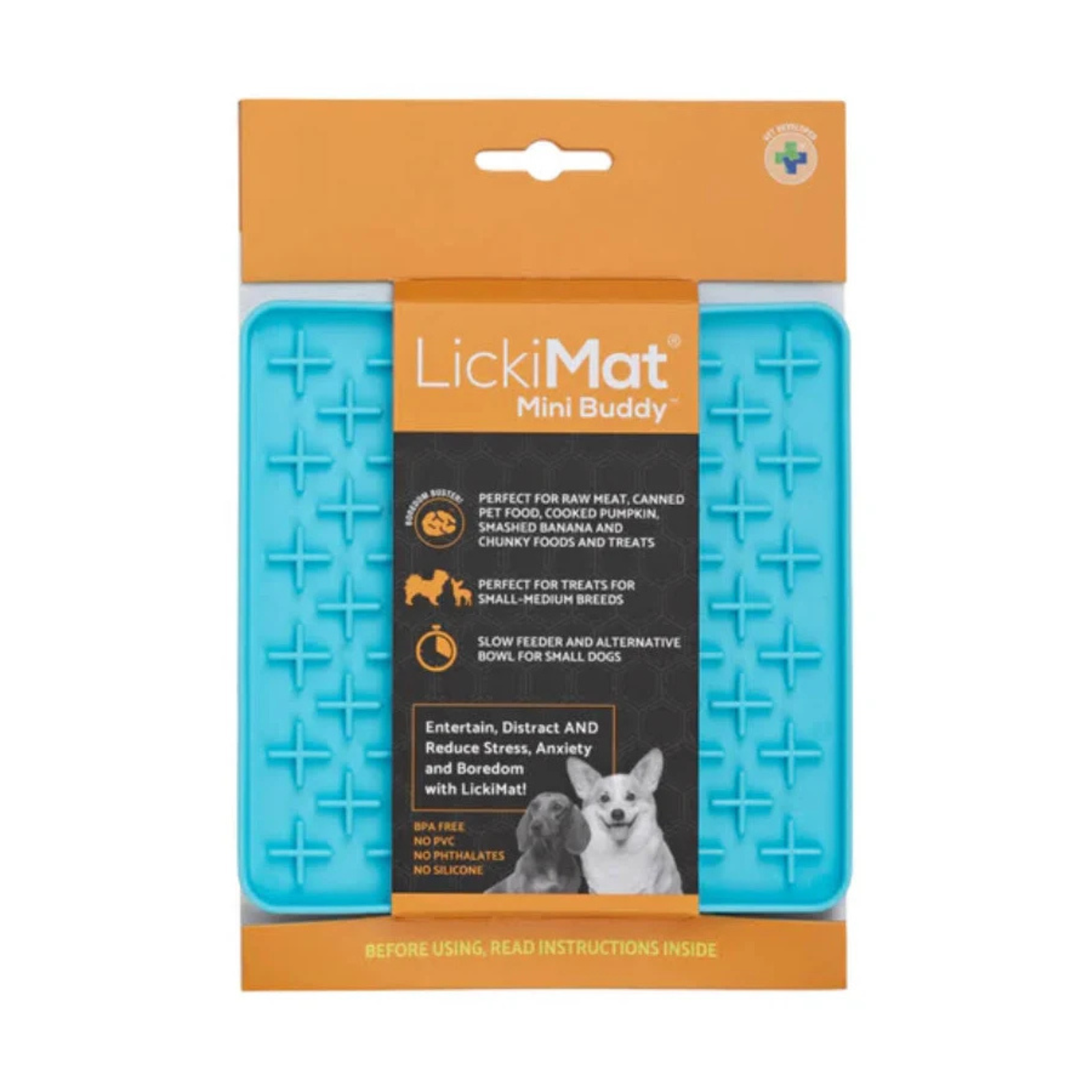 LickiMat Mini Buddy dog lick mat in a bright turquoise blue color, packaged in its original orange and black cardboard retail box.