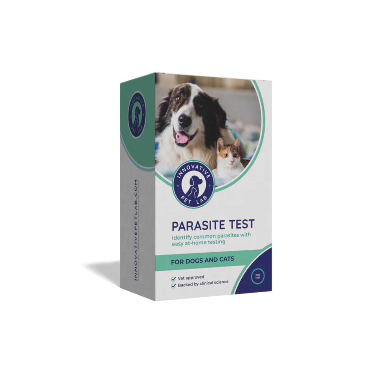 A 3D box mockup for a pet parasite test kit by Innovatio Vet Lab, featuring a white and teal design with a photo of a dog and cat on the front.