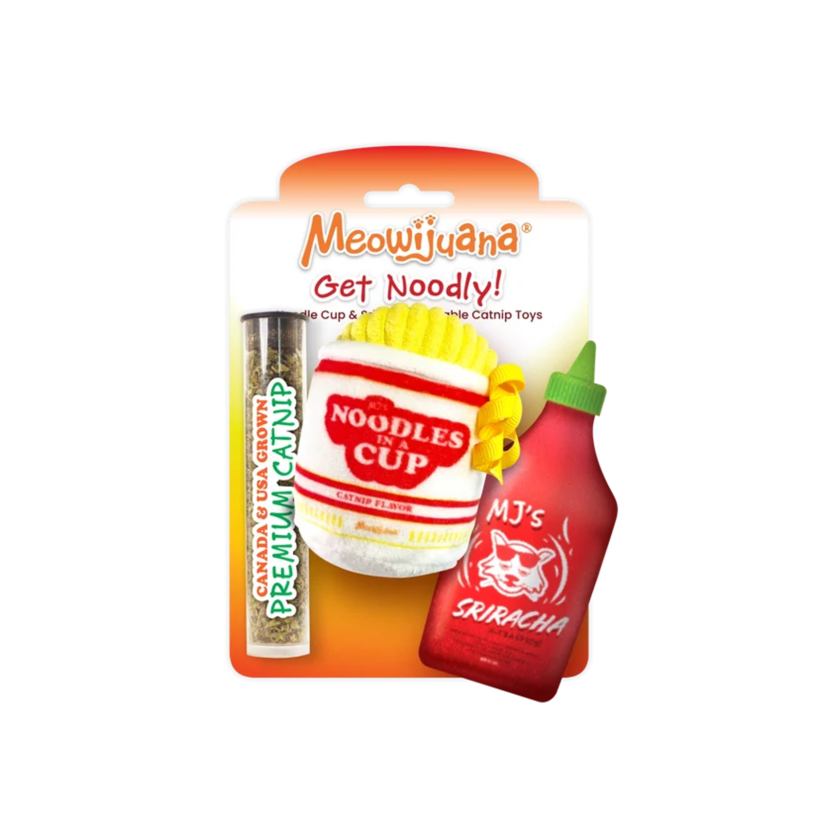 Meowijuaná 'Get Noodly!' cat toy set in blister packaging, featuring a catnip tube, a white and red 'Noodles in a Cup' toy, and a red 'MJ's Sriracha' toy bottle.