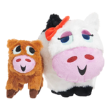Two plush toy animals on a plain white background: a small brown horse with a pink snout and black hooves, and a larger white cow with a pink snout, black hooves and mane, and an orange bow.