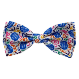 Colorful bow tie with text pattern on a white background