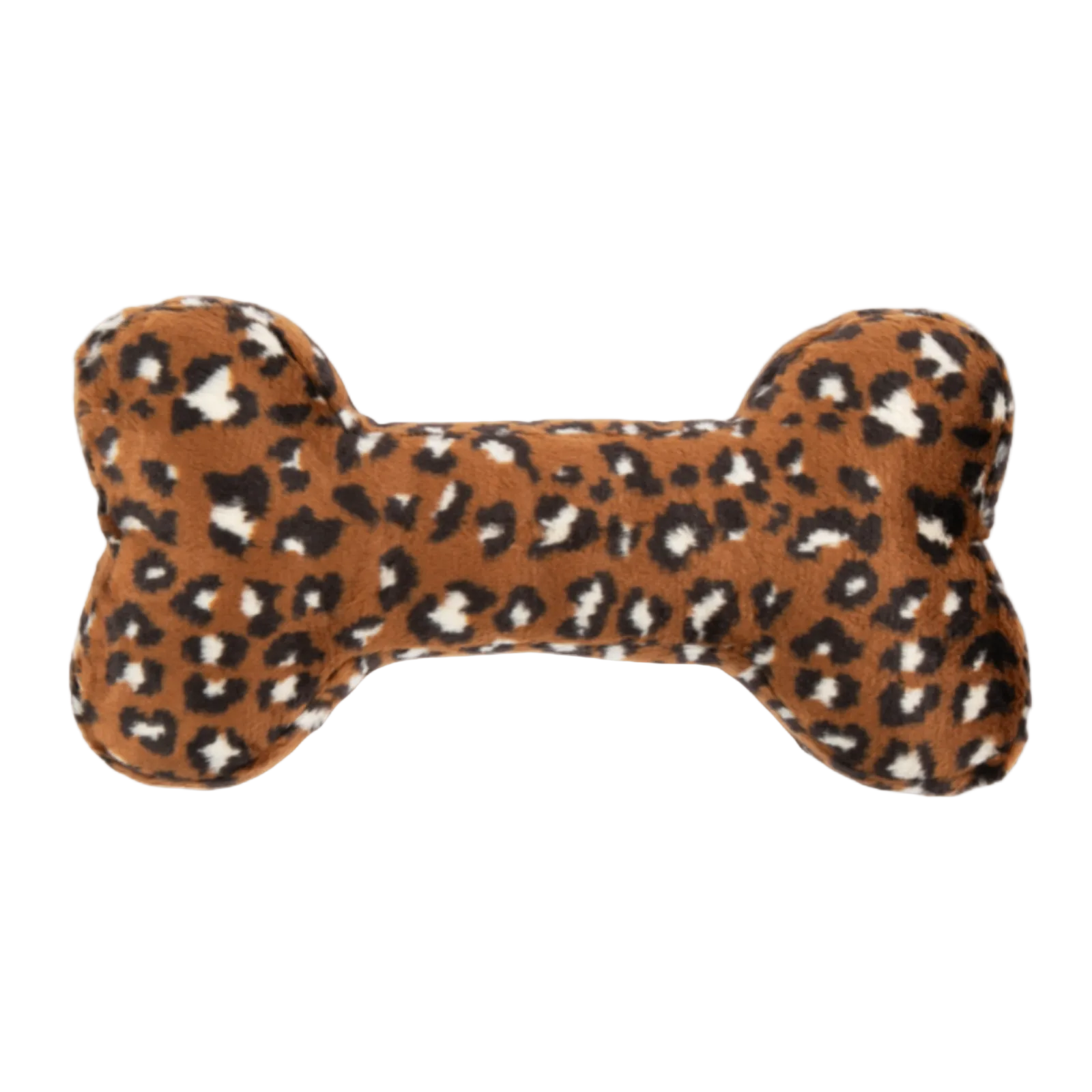 A plush bone-shaped dog toy with a brown, black, and white leopard print pattern, shown against a plain white background.