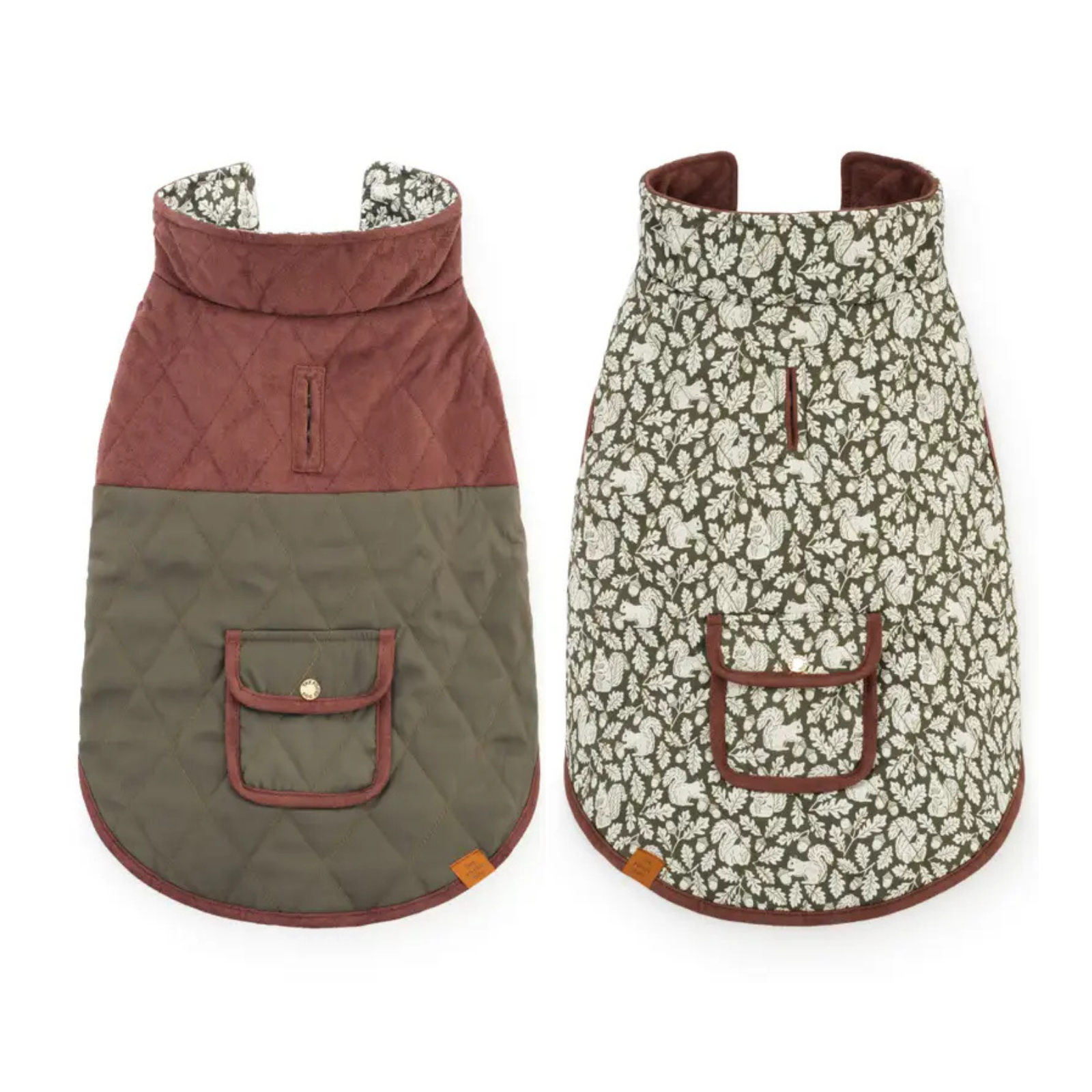 Two quilted dog jackets shown side by side on a white background. The left jacket has a solid rust-brown upper section and an olive green lower section with a front pocket.