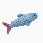 Blue plush shark toy on a white background