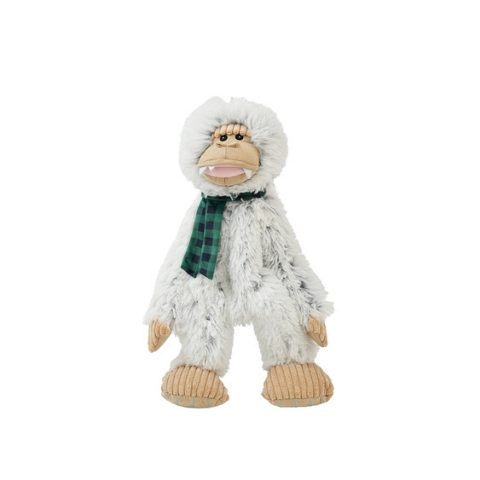 A plush toy of a furry white creature resembling a Bigfoot or Yeti, wearing a green and black plaid scarf, standing against a solid white background.
