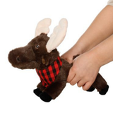 Plush moose toy with a red and black checkered scarf held by a hand on a white background