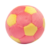 A plush soccer ball toy with alternating pink and yellow pentagonal panels, shown on a plain white background.
