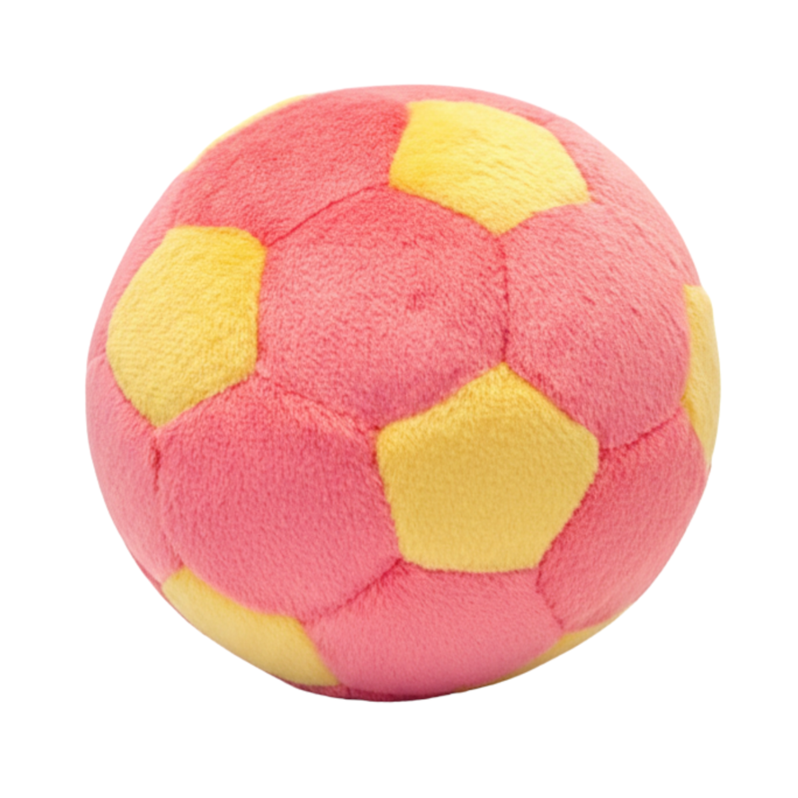 A plush soccer ball toy with alternating pink and yellow pentagonal panels, shown on a plain white background.