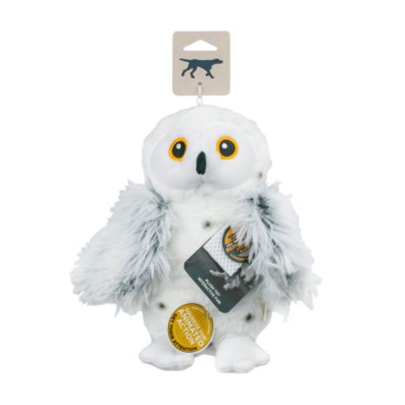 A plush snow owl toy with white feathers, black speckles, large yellow eyes, and a small black beak, shown with retail tags on a plain white background.