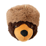 A plush bear face toy wearing a brown furry hat, with a tan snout and black nose, photographed on a plain white background.