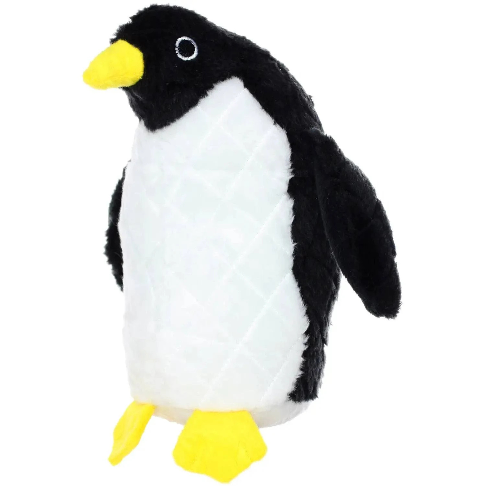 A plush penguin toy with a black and white body, yellow beak, and yellow feet, shown against a plain white background.