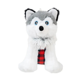 A plush toy dog shaped like a husky, with gray and white fur, blue eyes, a black nose, and a red and black plaid scarf, shown against a plain white background.