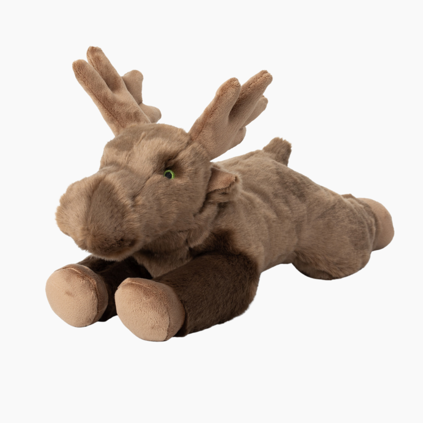 A plush moose toy lying down, made of soft brown faux fur with lighter tan hooves and a small green eye, isolated on a white background.