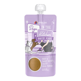 Purple pouch with dog illustrations and text on a white background