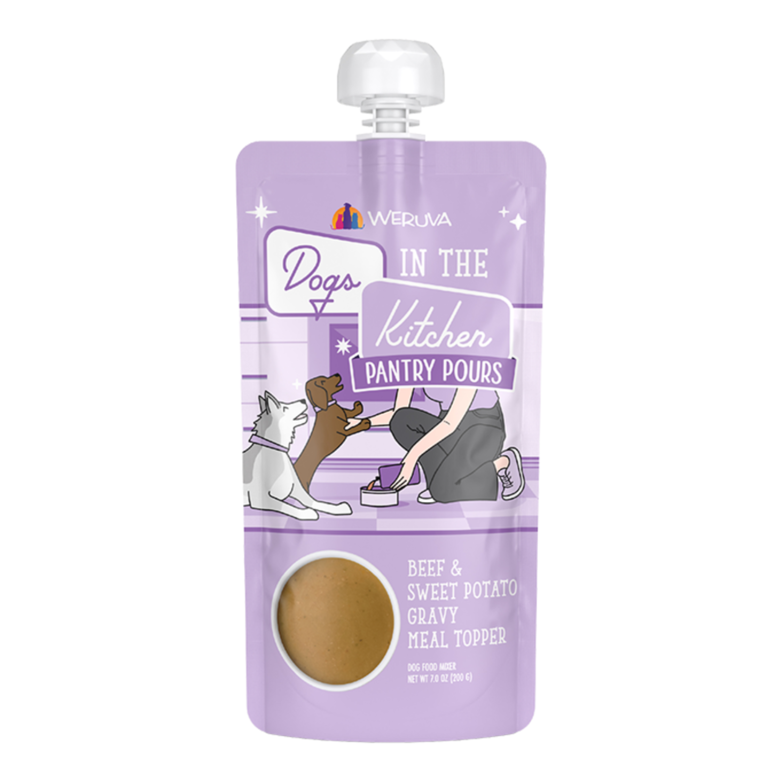 Purple pouch with dog illustrations and text on a white background
