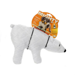 A white quilted plush polar bear dog toy with a black nose and black harness straps, shown with its orange retail hang tag against a plain white background.