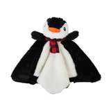 A plush penguin comforter toy with black and white fur, a red and black plaid scarf, and a small orange beak, shown on a plain white background.