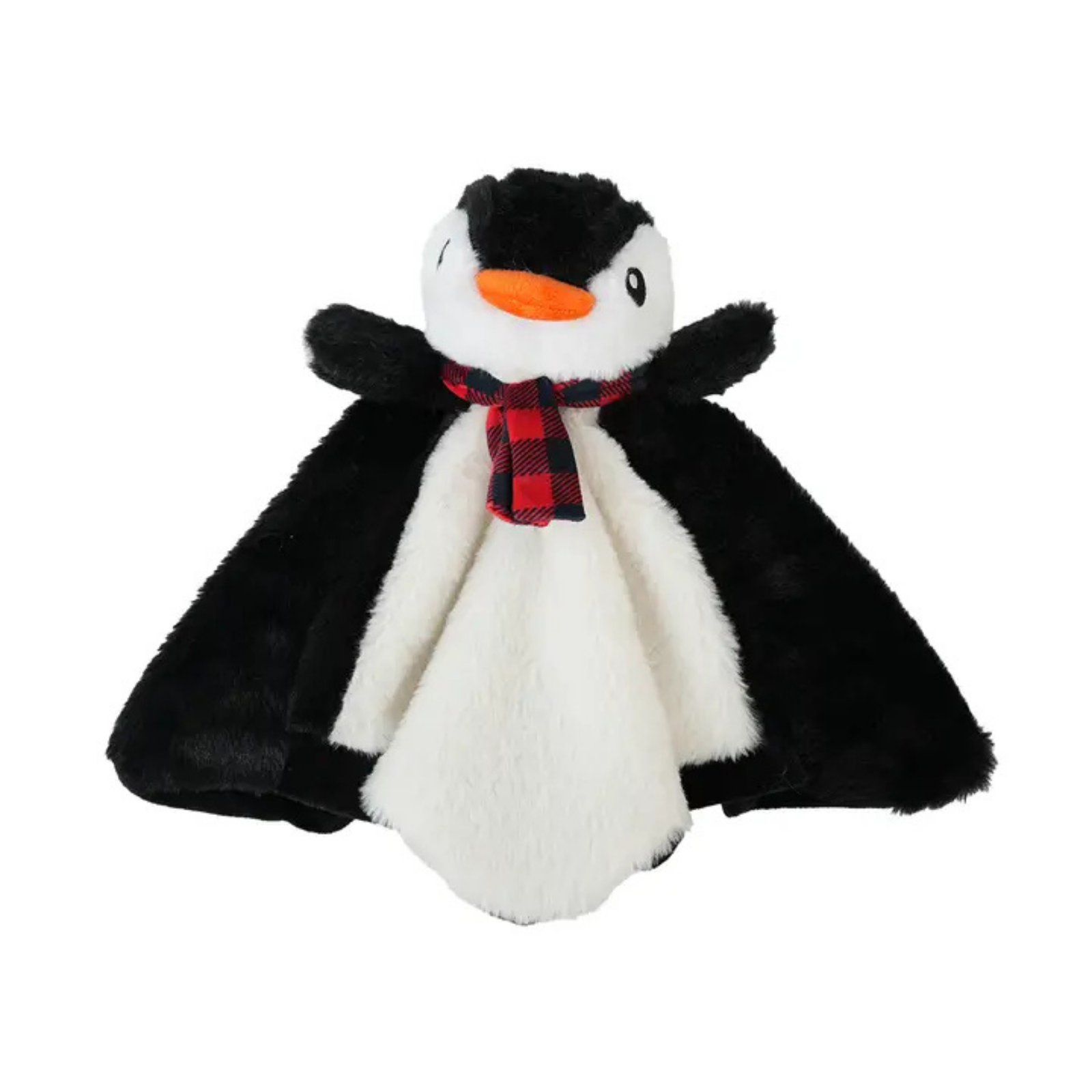 A plush penguin comforter toy with black and white fur, a red and black plaid scarf, and a small orange beak, shown on a plain white background.
