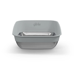 A gray rectangular pet bowl with a stainless steel interior, featuring the 'genie' brand logo on the front, set against a plain white background.