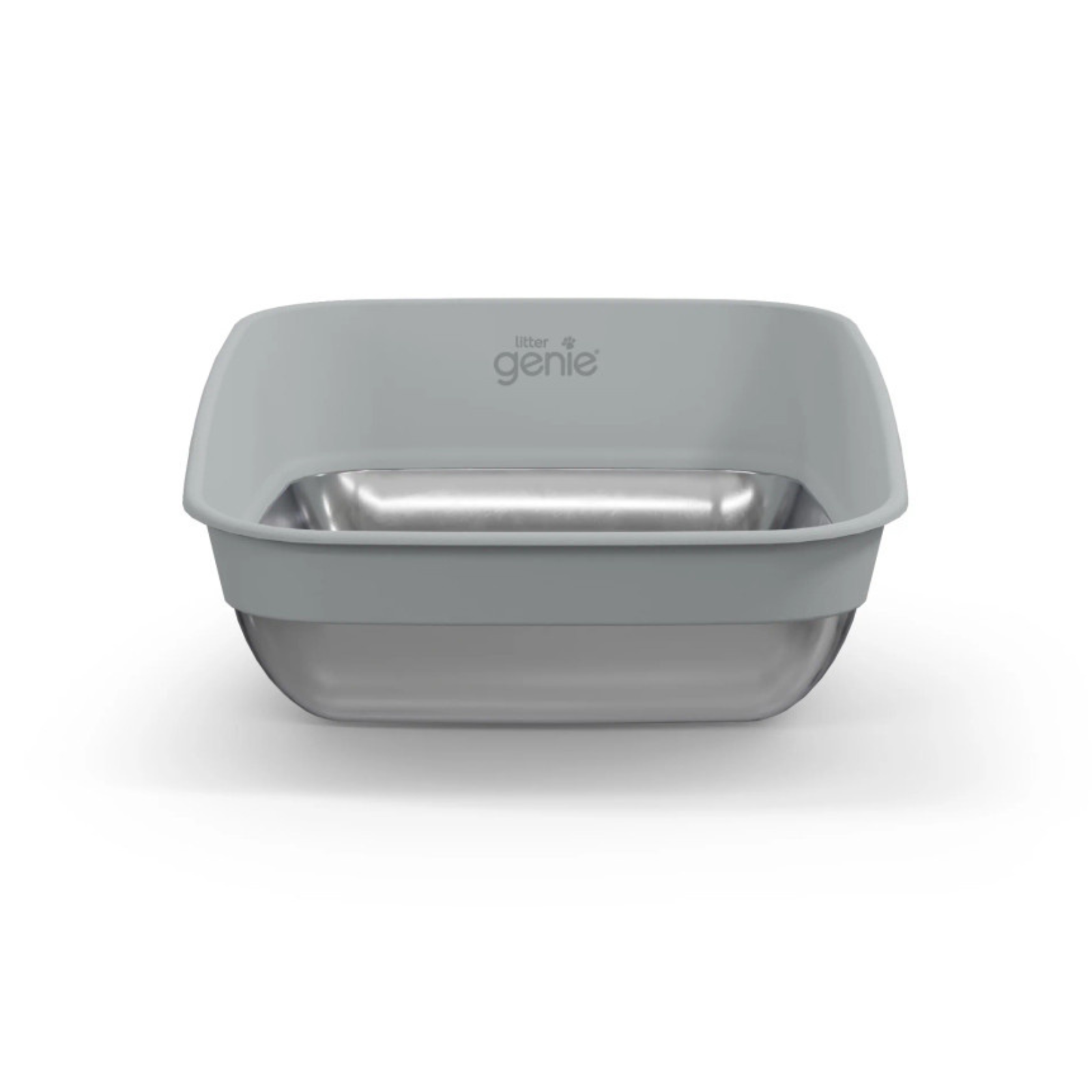A gray rectangular pet bowl with a stainless steel interior, featuring the 'genie' brand logo on the front, set against a plain white background.