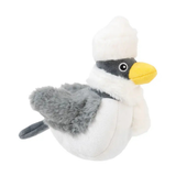 A plush bird toy with a white body, gray wings and head band, a bright yellow beak, and a fluffy white hat, shown on a plain white background.