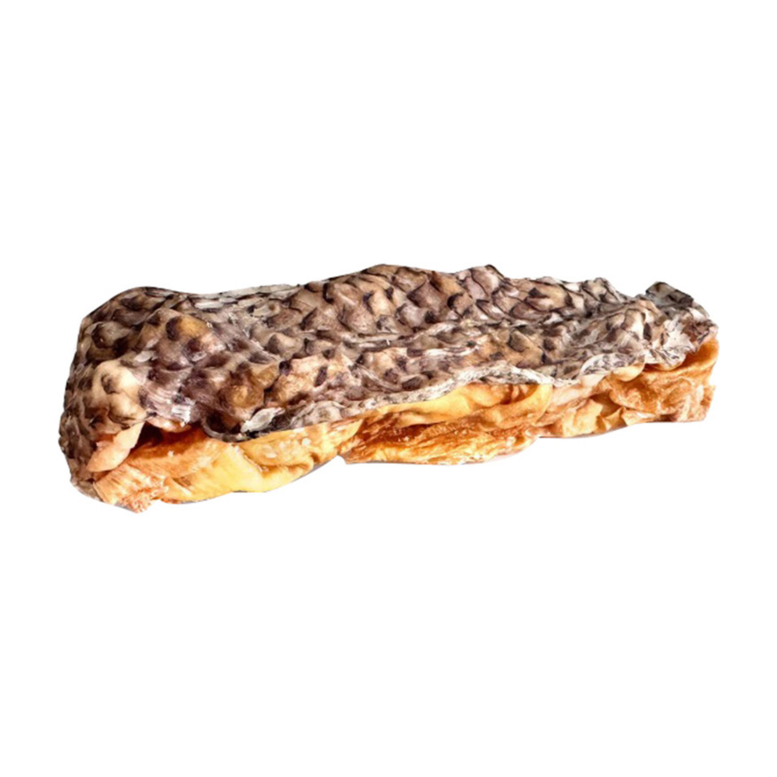 A dried snake skin chew or treat, showing a textured, scaled pattern in brown, beige, and orange tones, isolated on a white background.
