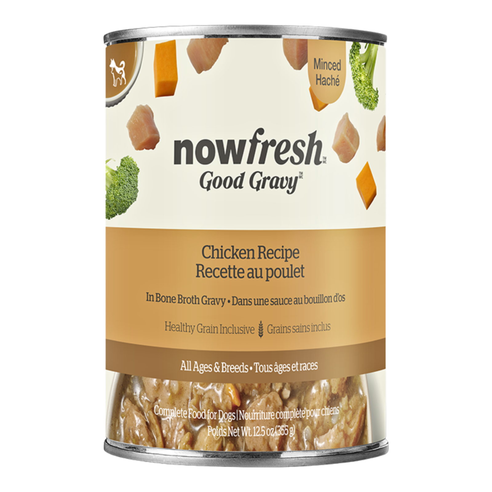 A can of Now Fresh Good Gravy Chicken Recipe dog food, showing the front label with illustrations of chicken, broccoli, and carrots above a clear window displaying the wet food inside.