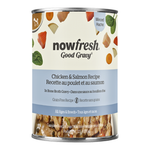 A can of Now Fresh Good Gravy Chicken & Salmon Recipe dog food on a plain white background. The can features a cream-colored label with illustrations of chicken, salmon, and vegetables, a light blue band with product text, and a photo of the wet food at the bottom.