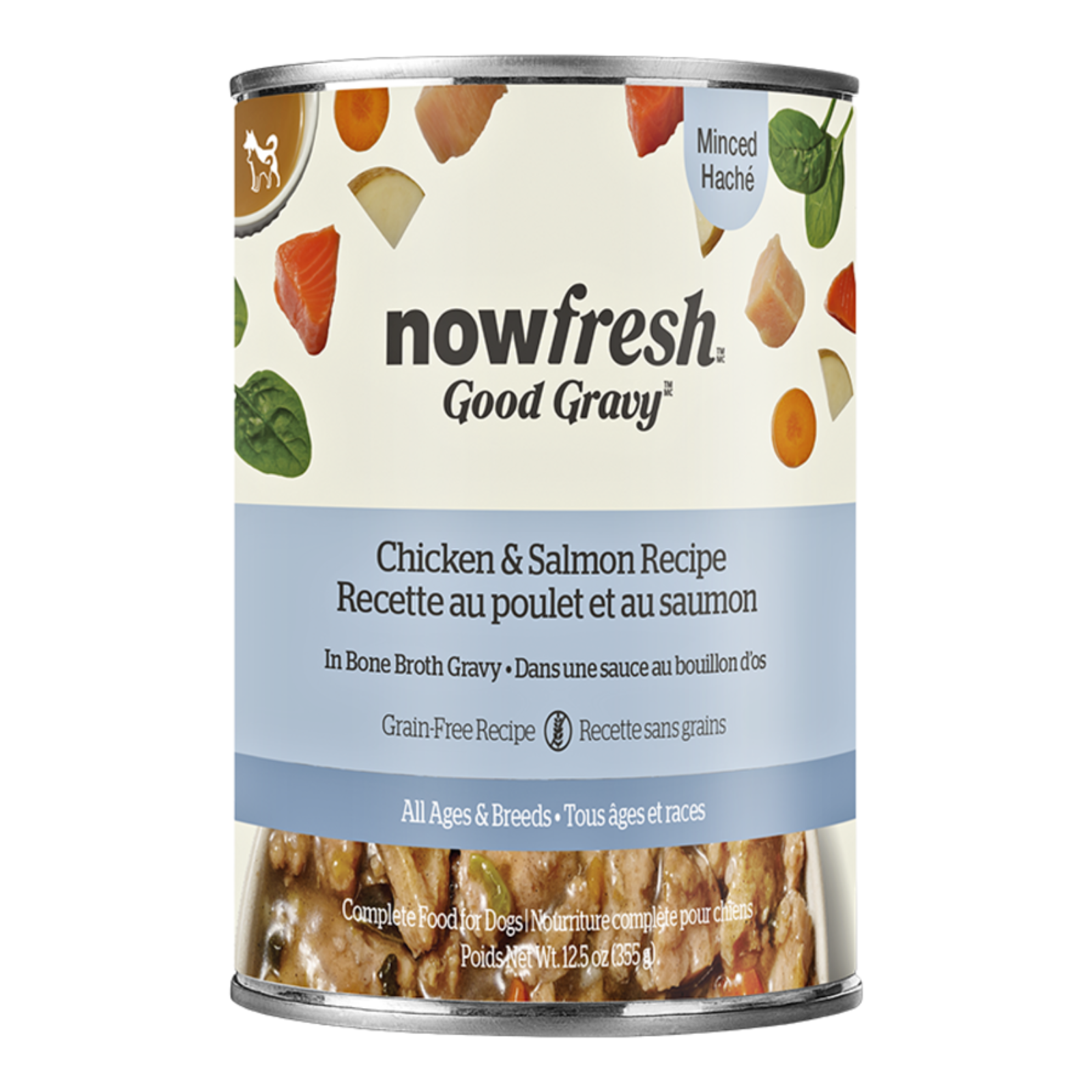 A can of Now Fresh Good Gravy Chicken & Salmon Recipe dog food on a plain white background. The can features a cream-colored label with illustrations of chicken, salmon, and vegetables, a light blue band with product text, and a photo of the wet food at the bottom.