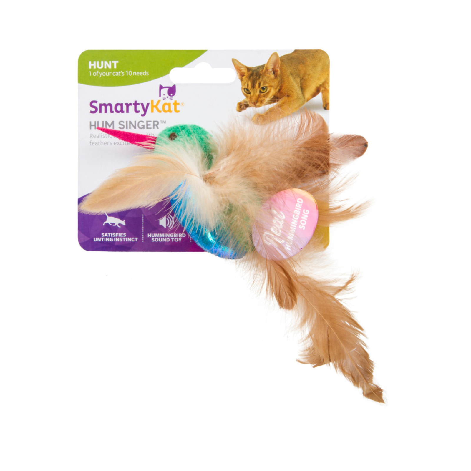 A packaged cat toy labeled SmartyKat Hum Singer, featuring a tan feather with a pink belly band and a multicolored ball, shown on a plain white background.