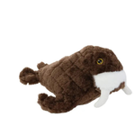 A plush toy walrus in dark brown and white, featuring a textured brown body, white tusks, and a small yellow eye, shown on a plain white background.
