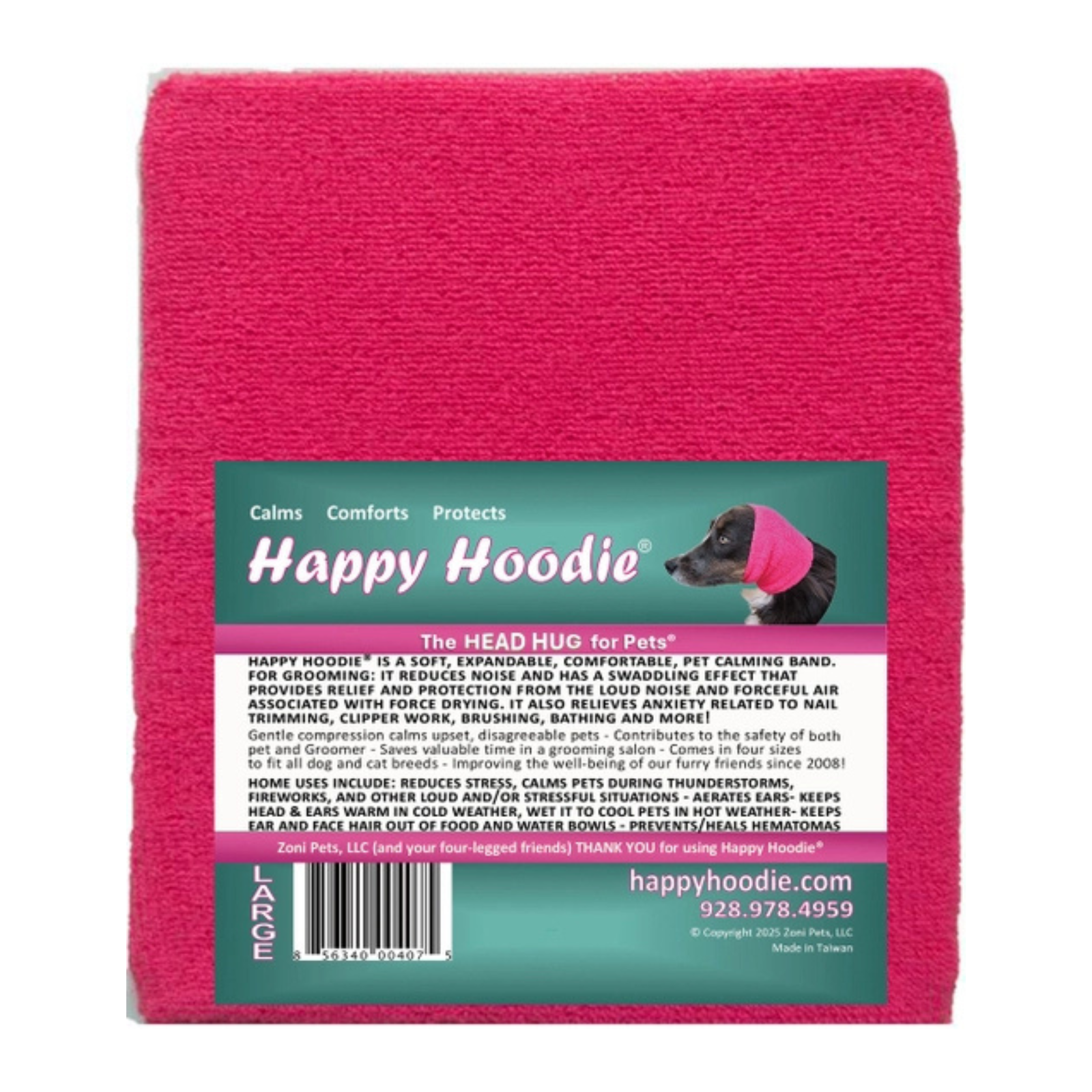A bright pink pet head hug bandage by Happy Hoodle, shown flat against a white background with its product label visible on the front.